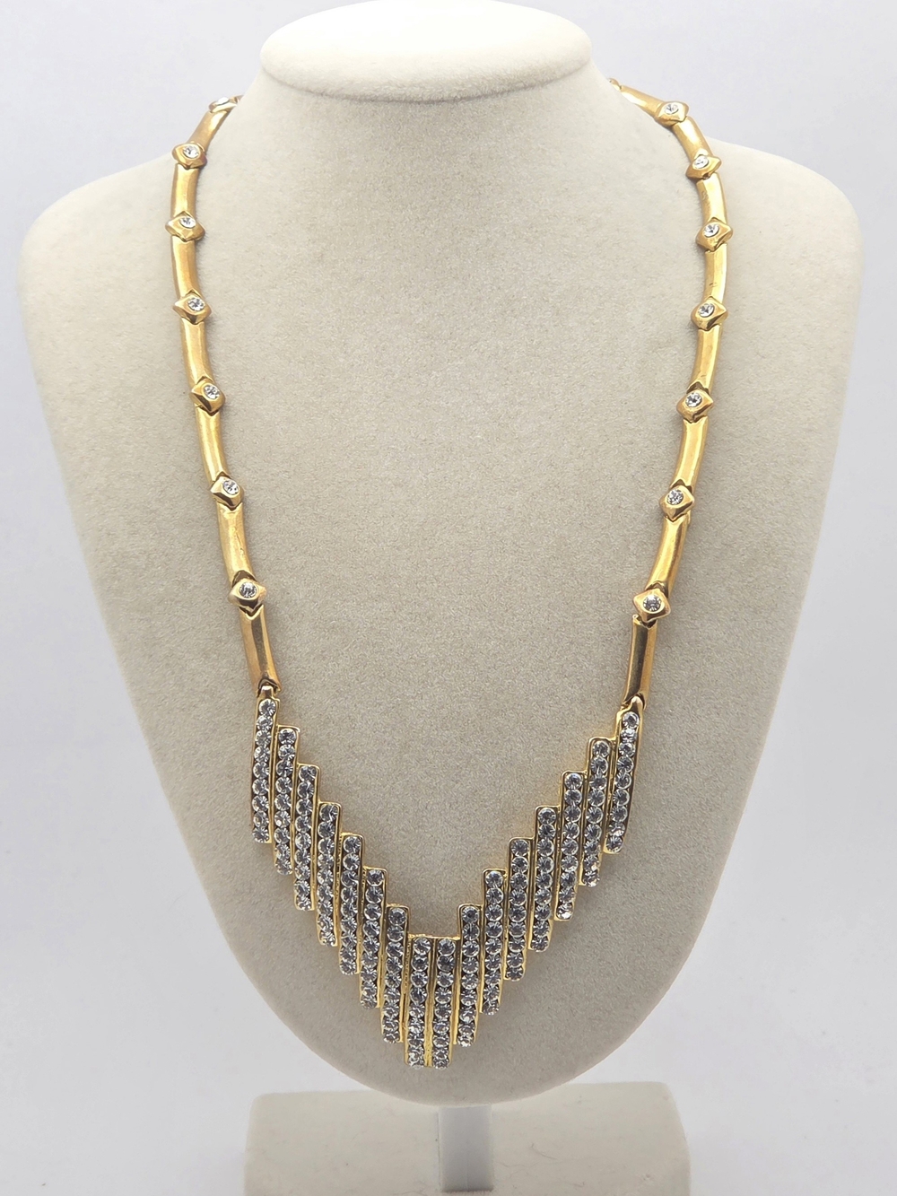 Gold Tone Rhinestone Chevron Statement Necklace 17"